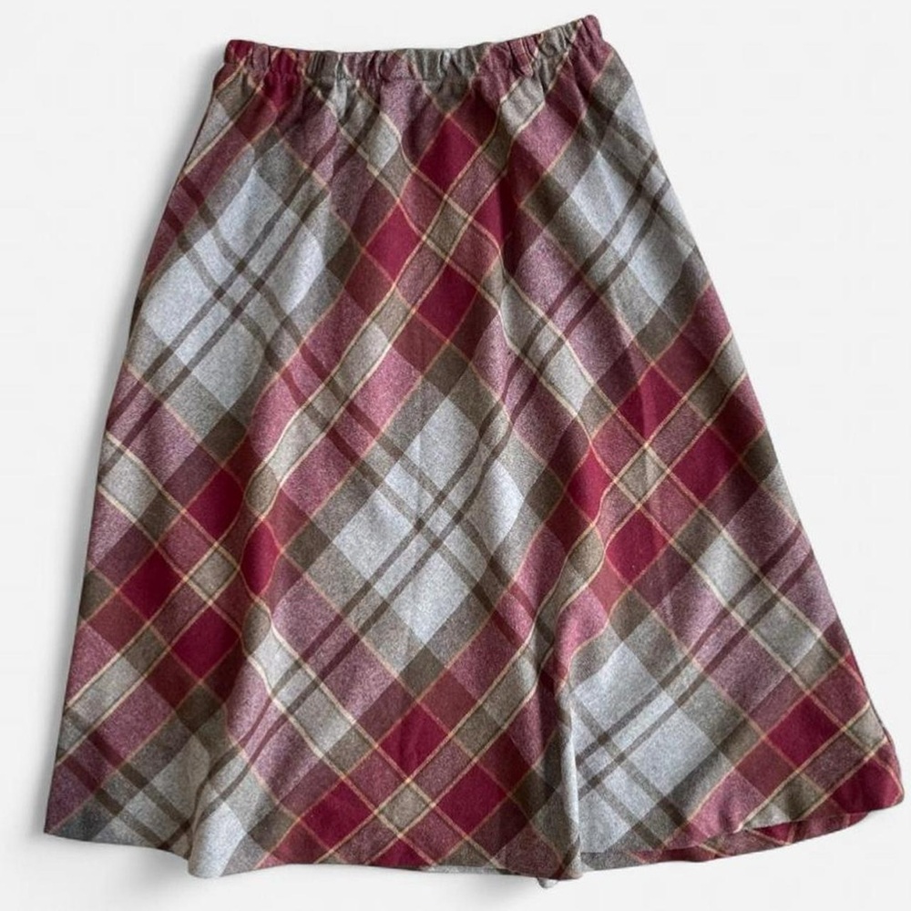 Vintage Briggs New York Burgundy Grey Plaid Midi Polyester Wool Blend Skirt
